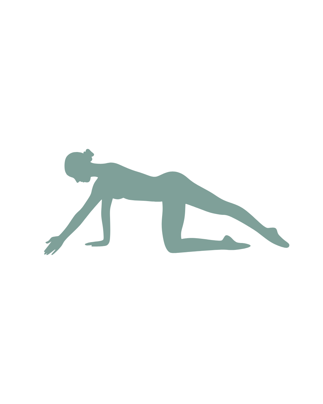 Silhouette of a woman in a modified yoga pose on her hands and knees inside a white circle, set against a black background.