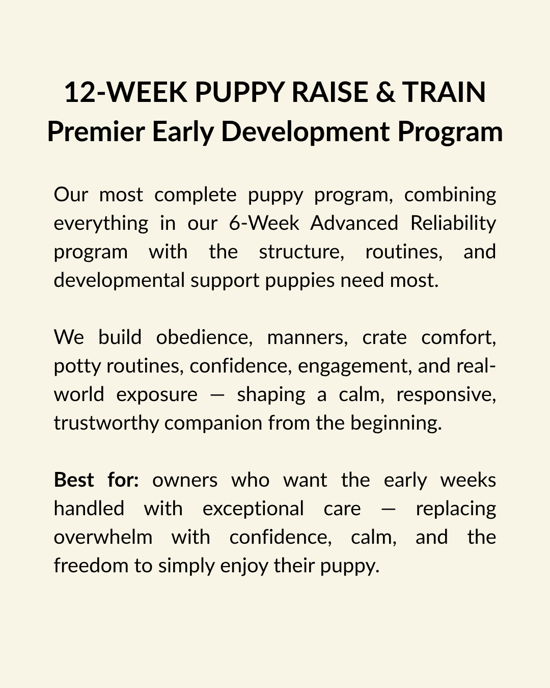 SLO Life Dog Training 12-week Puppy Raise and Train board-and-train program in Nipomo, CA for puppy obedience, crate comfort, potty routines, confidence building, manners, and real-world exposure.