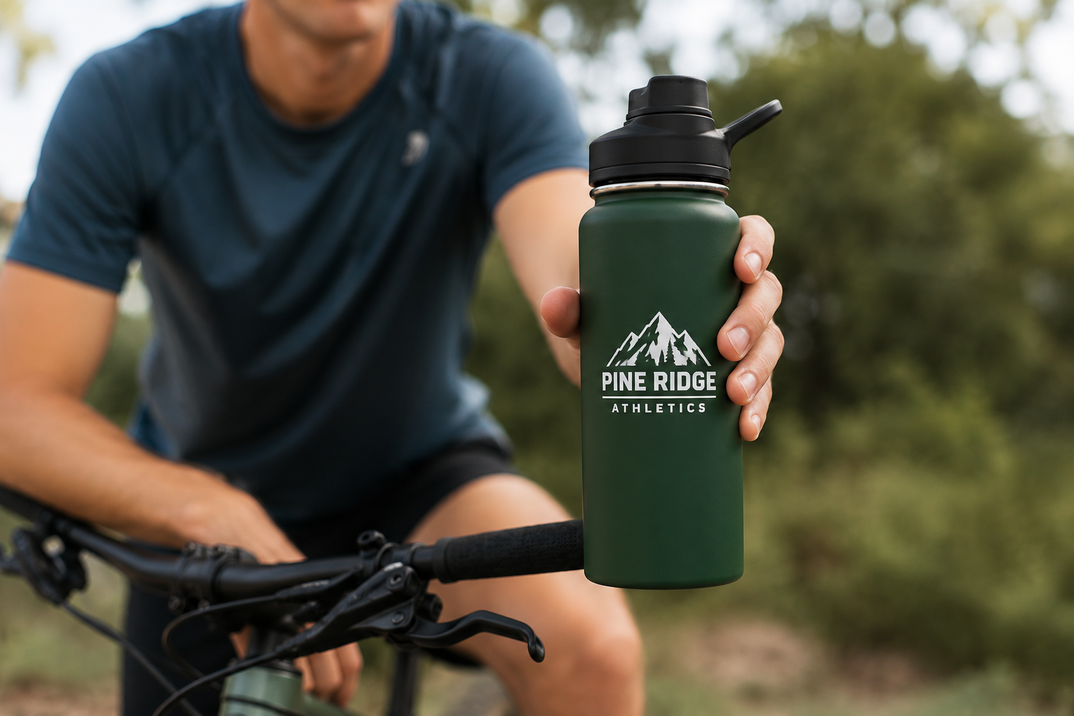 Cyclist holding a branded stainless steel water bottle while riding a bicycle.