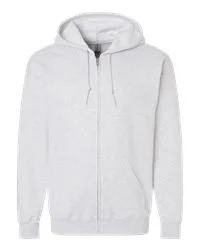 Front view of a light gray full-zip hooded sweatshirt.