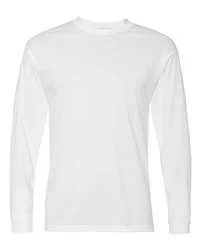 Front view of a white performance long-sleeve crew neck t-shirt.