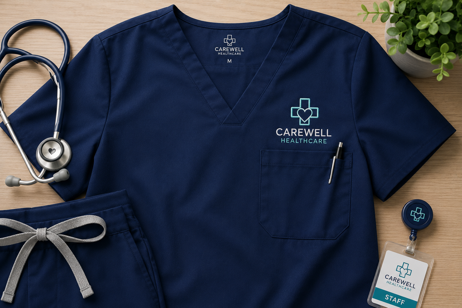 Custom embroidered healthcare scrubs with a professional logo for medical offices, hospitals, and healthcare staff.