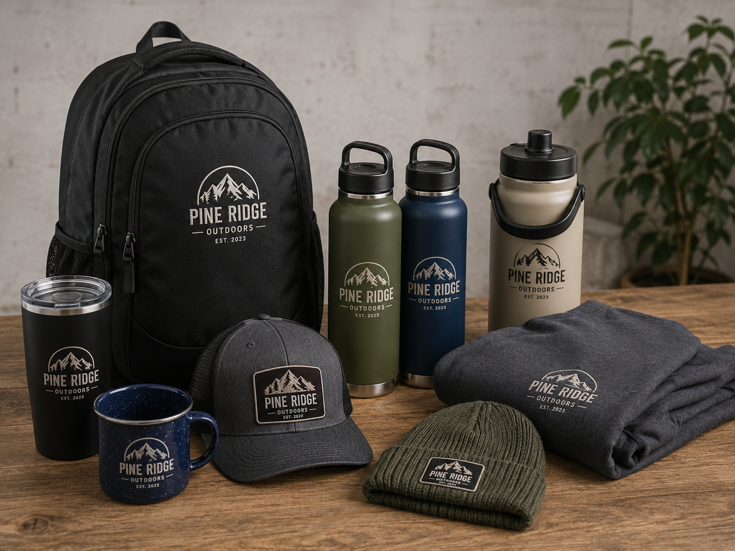 Collection of custom promotional products featuring a branded backpack, drinkware, apparel, and headwear with a matching company logo.