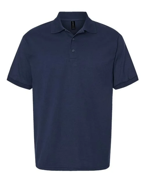 Front view of a navy blue short-sleeve polo shirt.