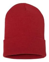 Front view of a red cuffed knit beanie.