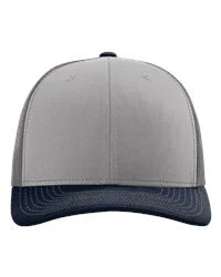 Front view of a gray and navy trucker cap with a mesh back and curved brim.