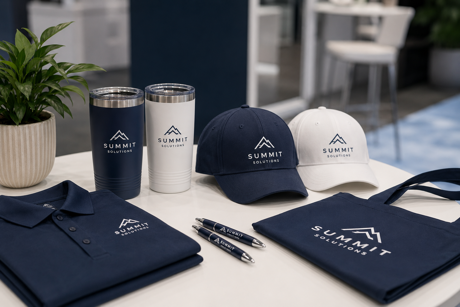 Display table featuring custom branded promotional products for trade shows and events, including coordinated navy blue and white giveaways and other promotional items.