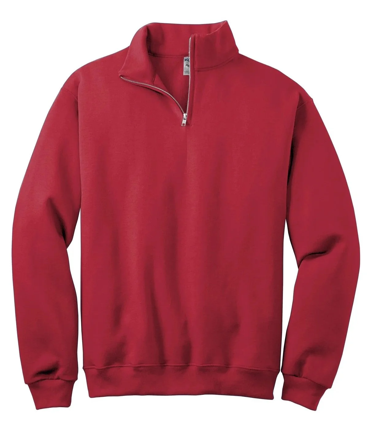 Front view of a red quarter-zip sweatshirt with a stand-up collar.