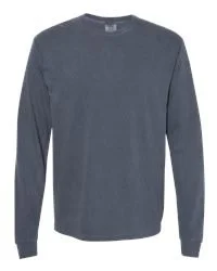 Front view of a navy blue long-sleeve crew neck t-shirt.