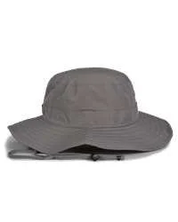 Front view of a gray wide-brim booney hat with an adjustable chin strap.