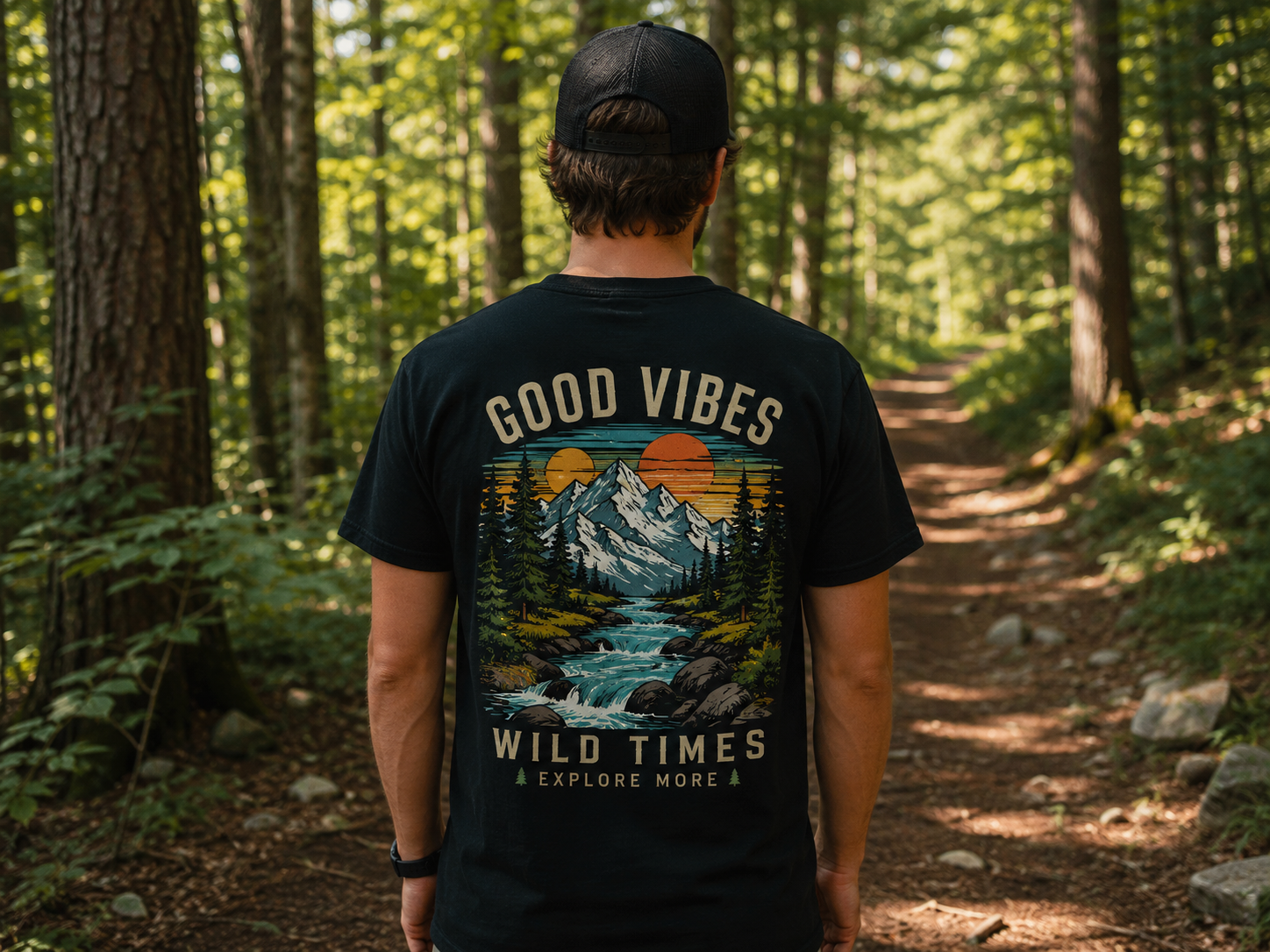 Man wearing a custom DTF printed T-shirt with a vibrant full-color design and gradient details while walking along a scenic nature trail.