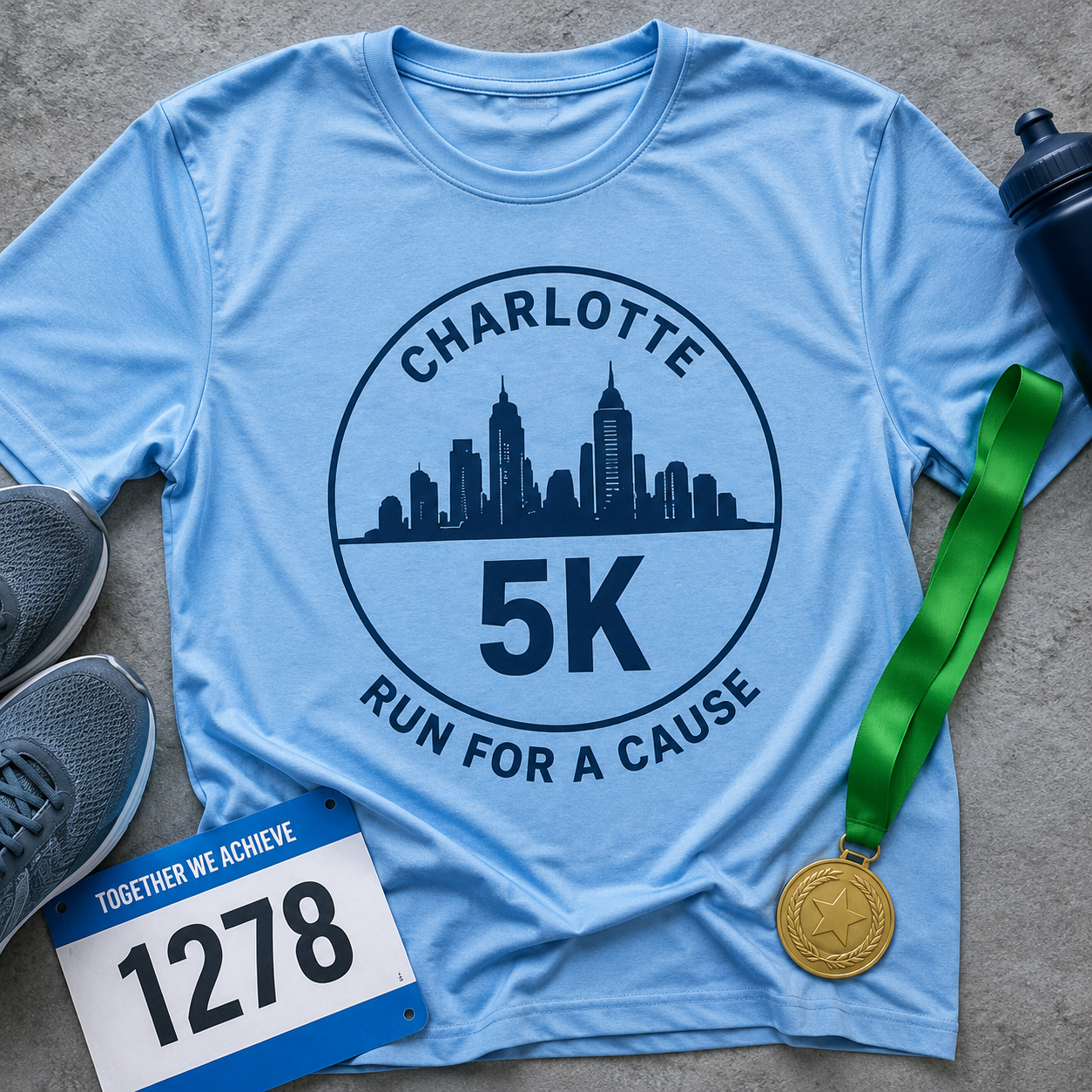 Custom event T-shirt for a charity 5K race featuring a printed event logo and race branding.