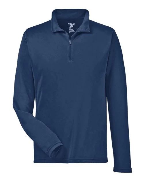Front view of a navy performance quarter-zip pullover.
