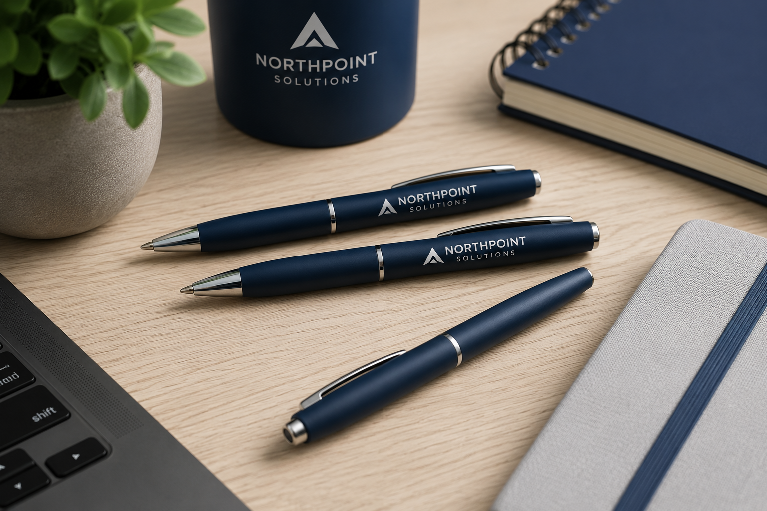 Branded promotional pens displayed on an office desk with a notebook, keyboard, and workspace accessories, showcasing custom printed office products.