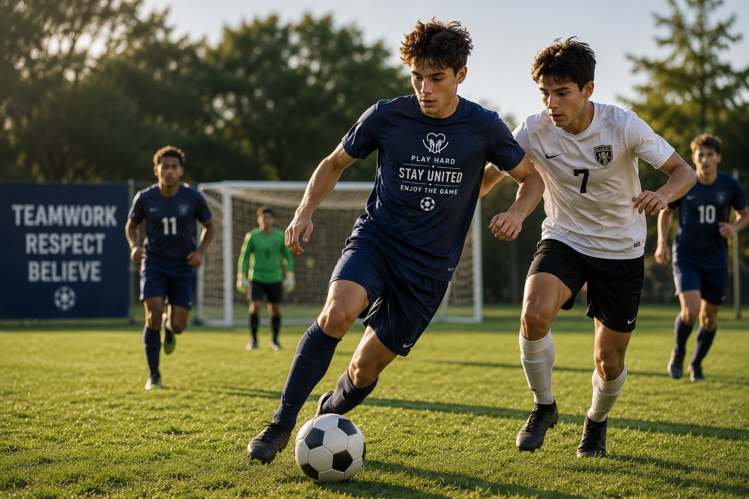 Soccer players competing in custom team uniforms on the field, showcasing branded athletic apparel for sports teams and recreation programs.