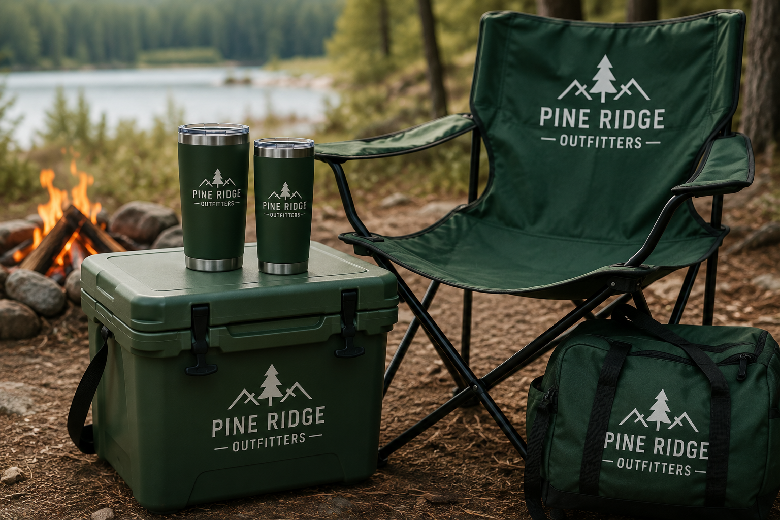 Custom branded outdoor promotional products including coolers, camping chairs, and outdoor gear displayed at a scenic campsite surrounded by nature.