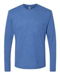 Front view of a blue long-sleeve crew neck t-shirt.