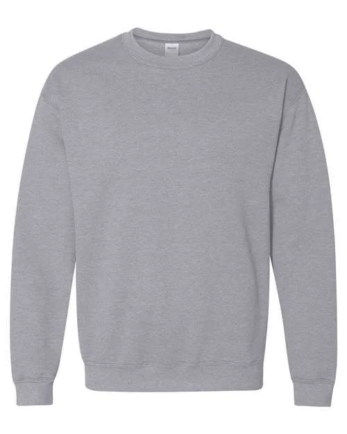 Front view of a heather gray crewneck sweatshirt.