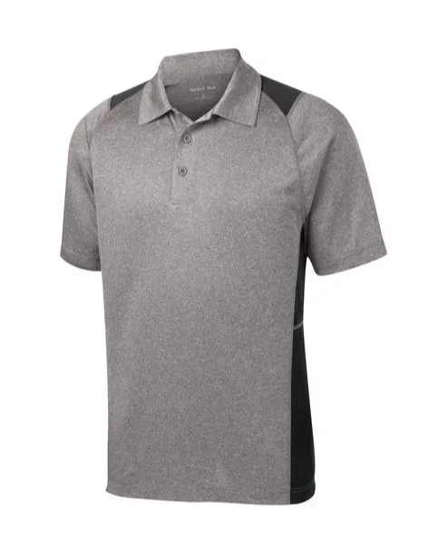 Front view of a grey and black short-sleeve color block polo shirt.