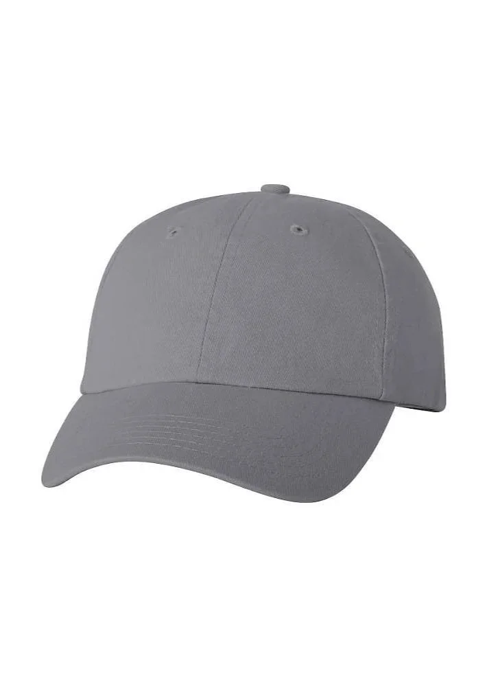 Front view of a gray baseball cap with a curved brim.