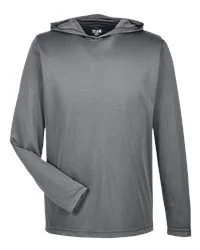 Front view of a gray performance hooded t-shirt.