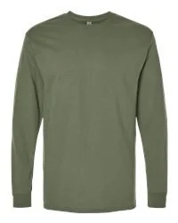 Front view of a green long-sleeve crew neck t-shirt.