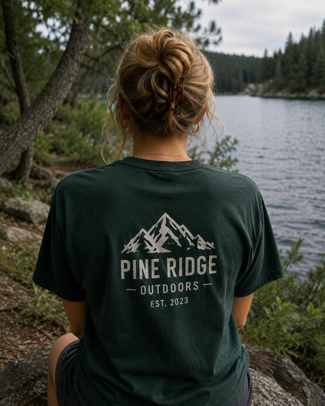 Woman wearing a custom screen-printed outdoor t-shirt featuring a large mountain logo on the back while sitting beside a mountain lake.