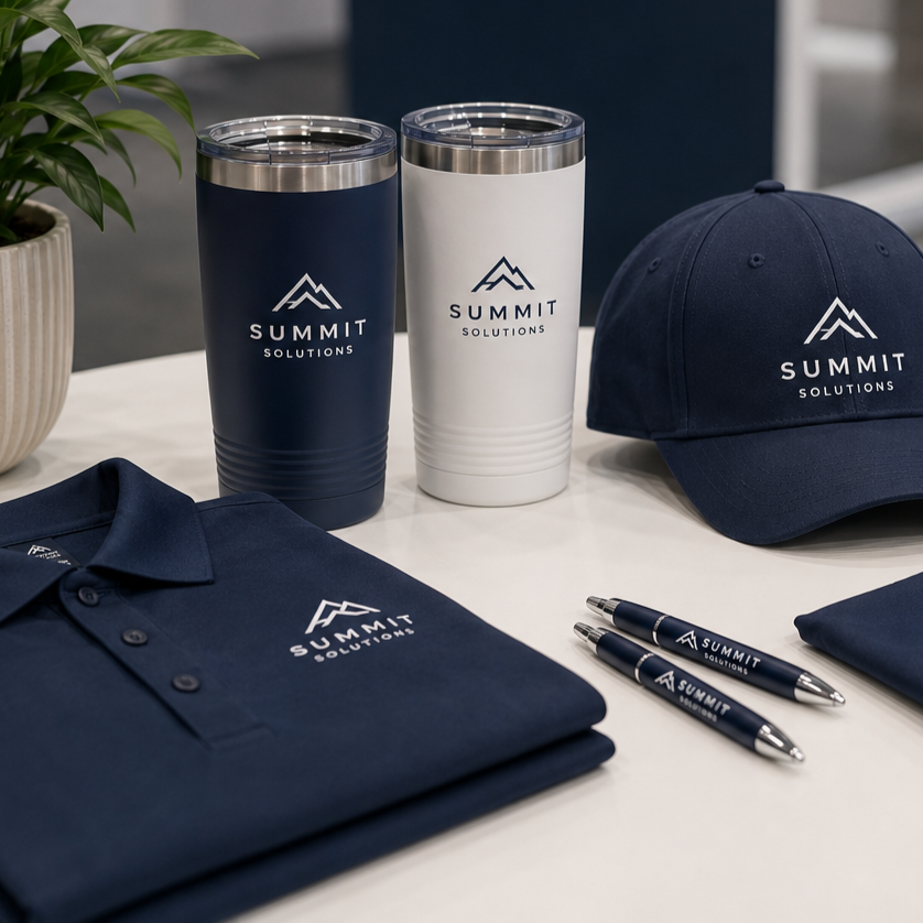 Table display of navy blue and white branded promotional products arranged for a trade show or event booth.