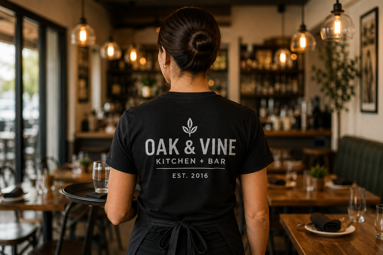 Restaurant staff member wearing a custom branded T-shirt in a modern dining room, showcasing hospitality apparel with a printed logo.