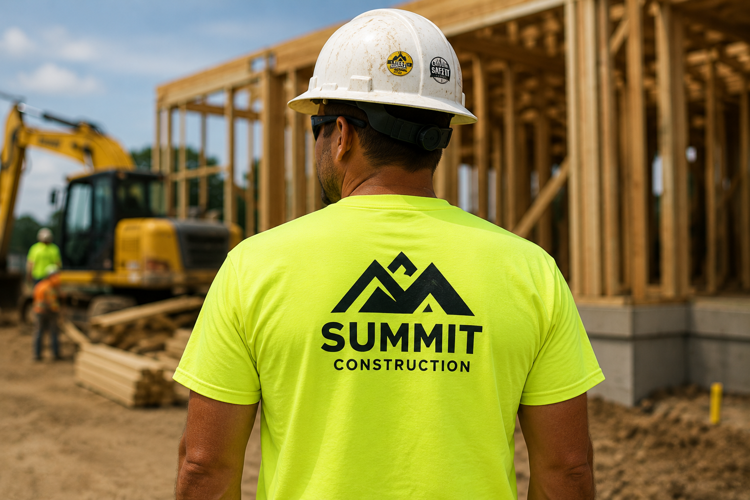Construction worker wearing a high-visibility company T-shirt with a custom screen-printed logo at a job site.