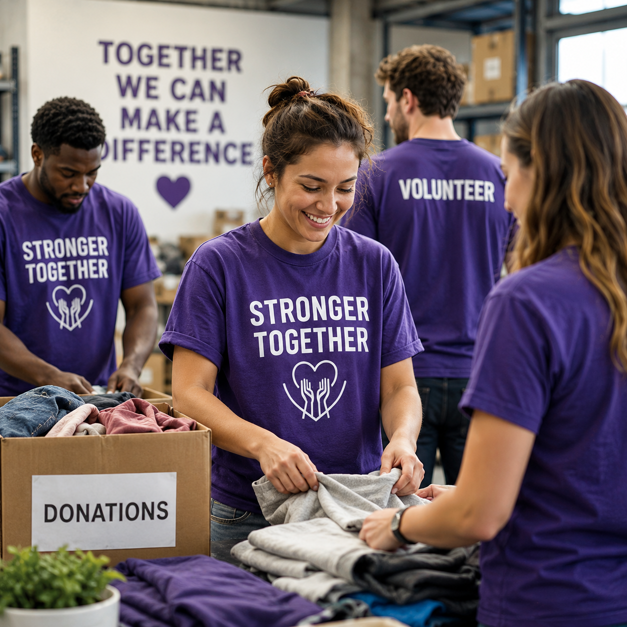 Volunteers wearing custom nonprofit T-shirts while organizing donated clothing at a community service event.