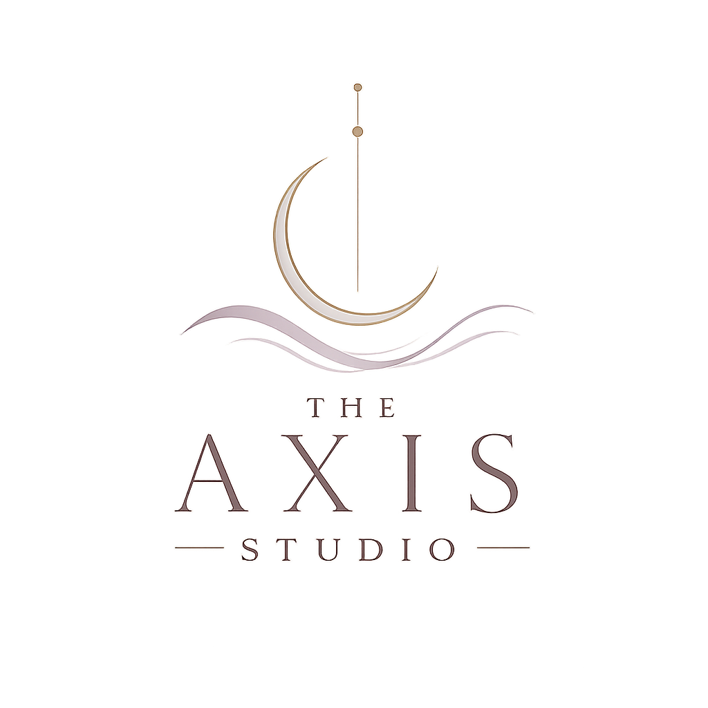 A logo for The Axis Studio features a crescent moon and a vertical rod resembling a sail, with stylized waves below. The text 'The Axis Studio' is written below the graphic.