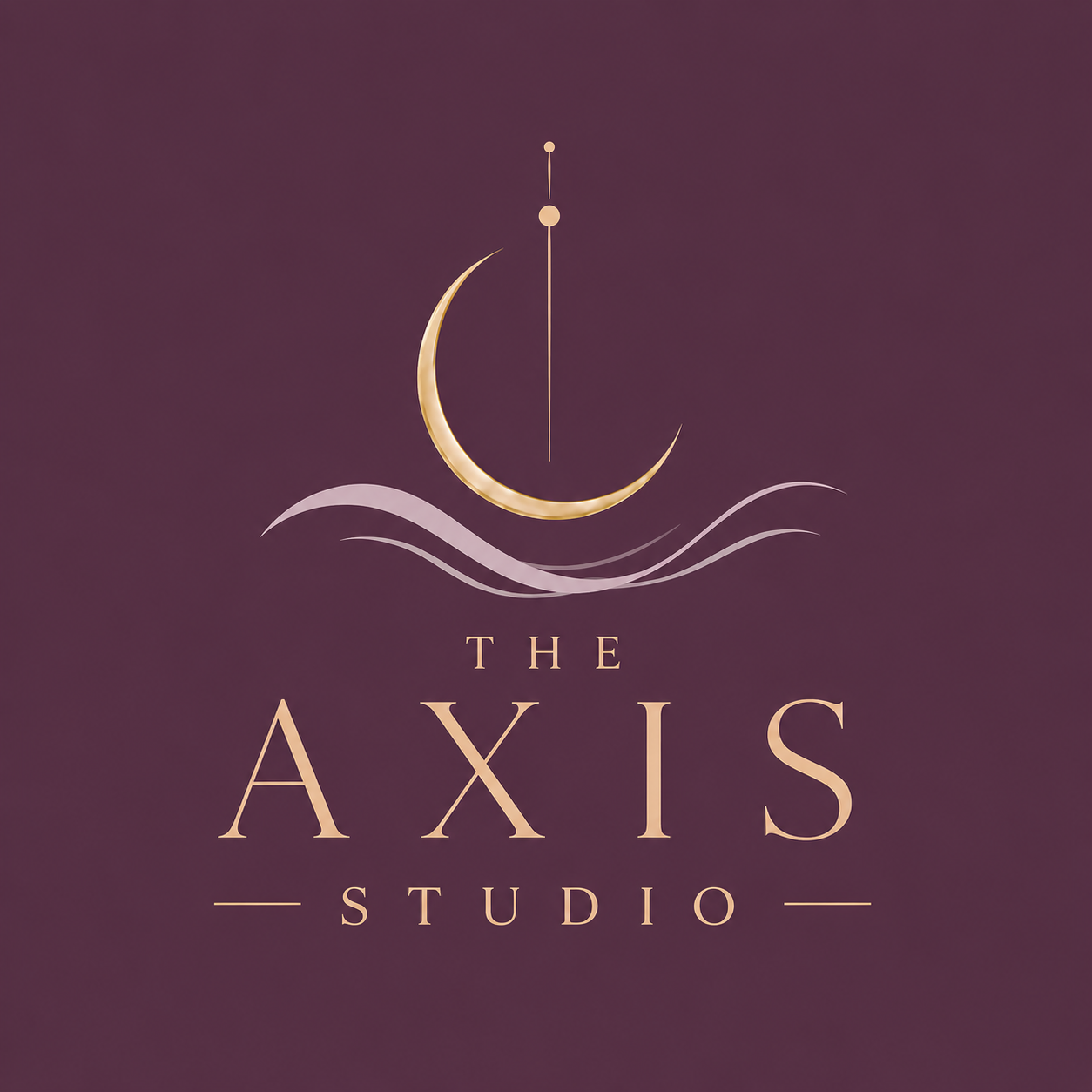 A logo featuring a gold crescent moon, a dangling gold circle, and stylized waves above the text 'The Axis Studio' on a dark purple background.