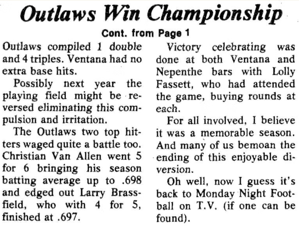 A newspaper clipping headlined "Outlaws Win Championship" reporting on a baseball game victory, mentioning players Christian Van Allen and Larry Brassfield, and discussing the season and celebrations.
