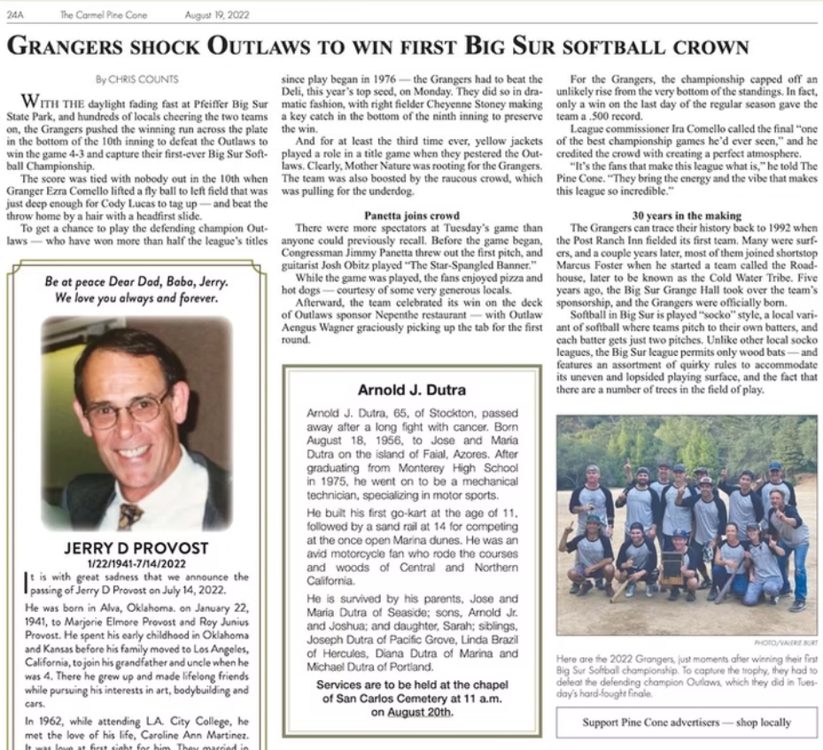 Newspaper article covering the Grangers softball team winning their first Big Sur softball crown, including a photo of the team, a tribute to Jerry D Provost, and an announcement for Arnold J. Dutra's funeral service.