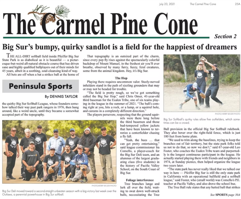A newspaper page from The Carmel Pine Cone dated July 23, 2021, featuring an article about Big Sur's softball field, with a photograph of people playing softball outdoors, and another photograph of a group posing in team uniforms.