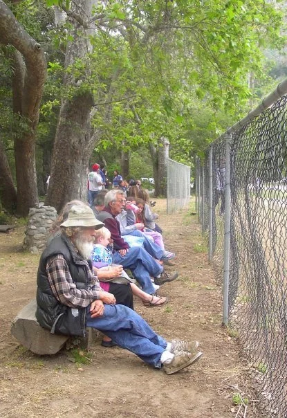 People sitting on a bench and on the ground near a chain-link fence in a park with trees overhead.