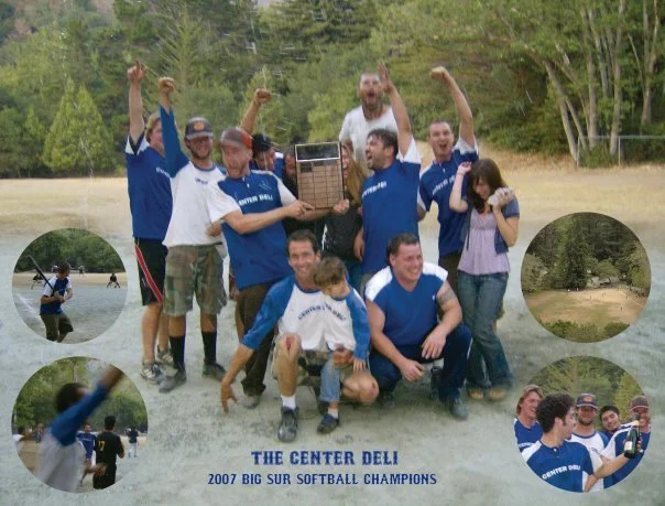 Group of people celebrating with a softball trophy outdoors, with smaller pictures of a woman playing softball, a field, and team members in blue jerseys, and a text reading 'The Center Deli 2007 Big Sur Softball Champions'.