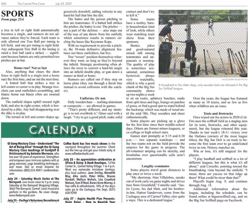 Newspaper sports section with article on baseball strategy and team play, accompanied by a photo of children playing softball behind a chain-link fence, using wooden bats.