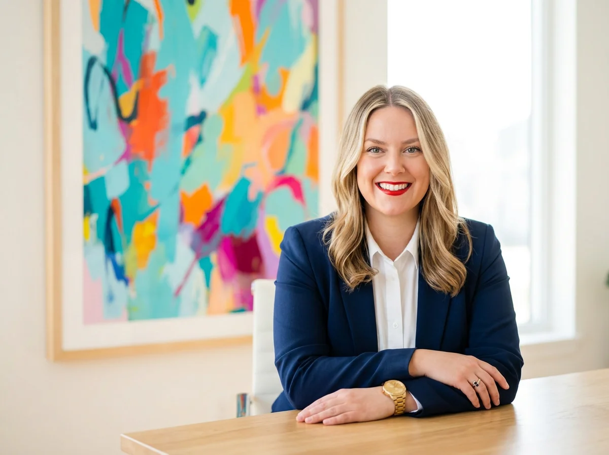 A smiling woman with blonde hair wearing a navy blazer and white shirt, sitting at a wooden table in a modern office with colorful abstract artwork on the wall behind her.