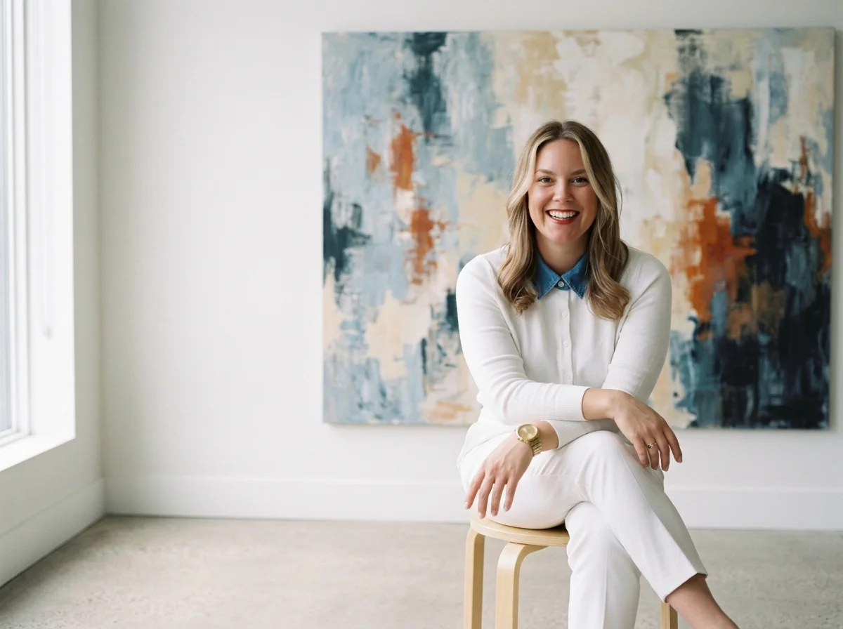 A woman with wavy blonde hair, smiling, sitting on a light wooden stool in front of an abstract painting with shades of blue, beige, and rust. She's wearing a white cardigan, white pants, a blue collared shirt underneath, and a gold watch.