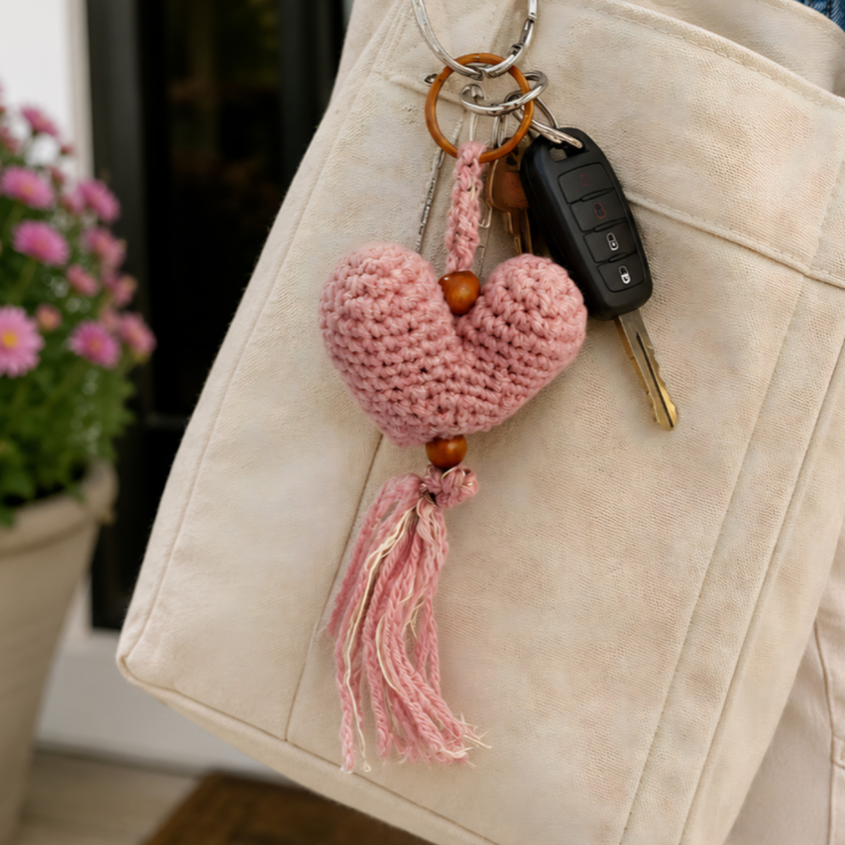 MOTTS Handmade Pink Crochet Heart Keychain with Wooden Beads and Tassel