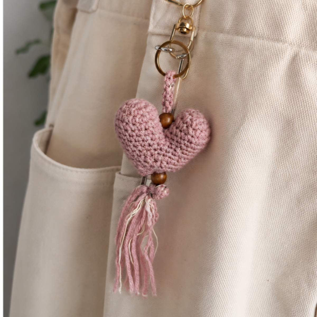 MOTTS Handmade Pink Crochet Heart Keychain with Wooden Beads and Tassel
