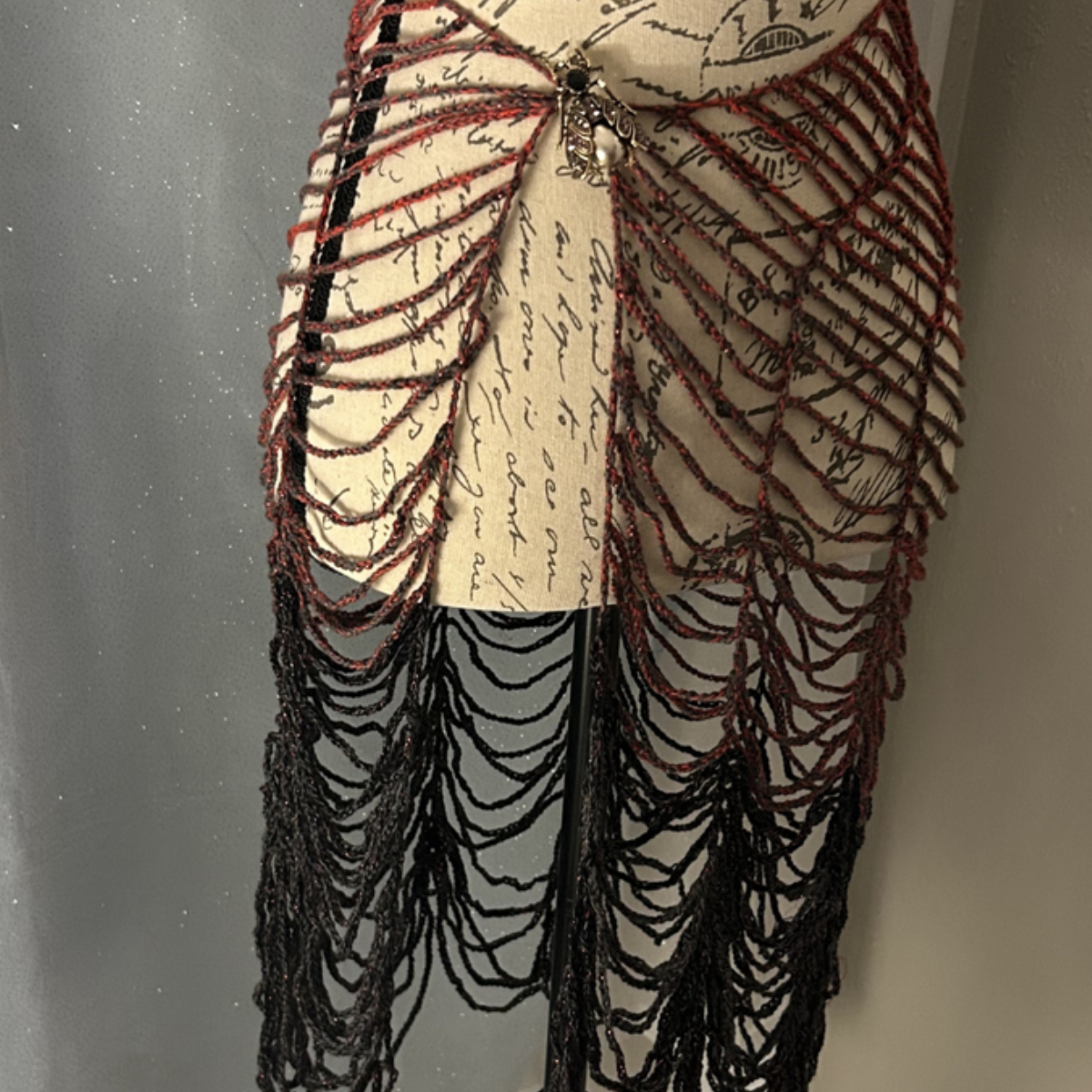 Handmade Crochet Gothic Spiderweb Shawl with Vintage-Inspired Fly Brooch
