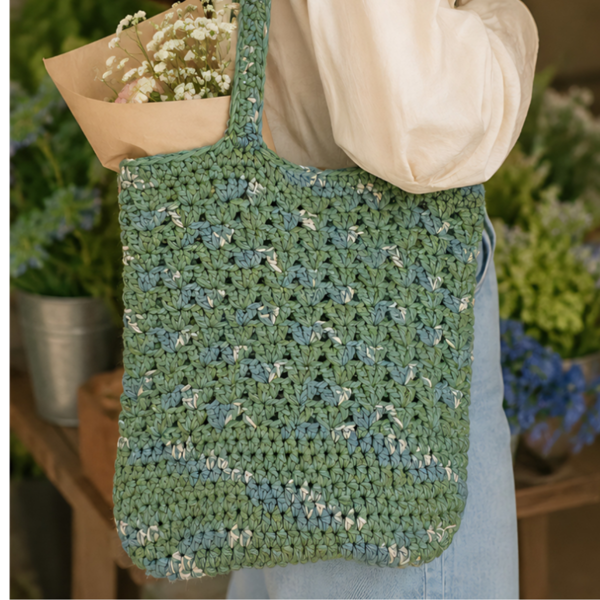 MOTTS Handmade Green 100% Cotton Crochet Market Bag  Reusable Everyday Tote