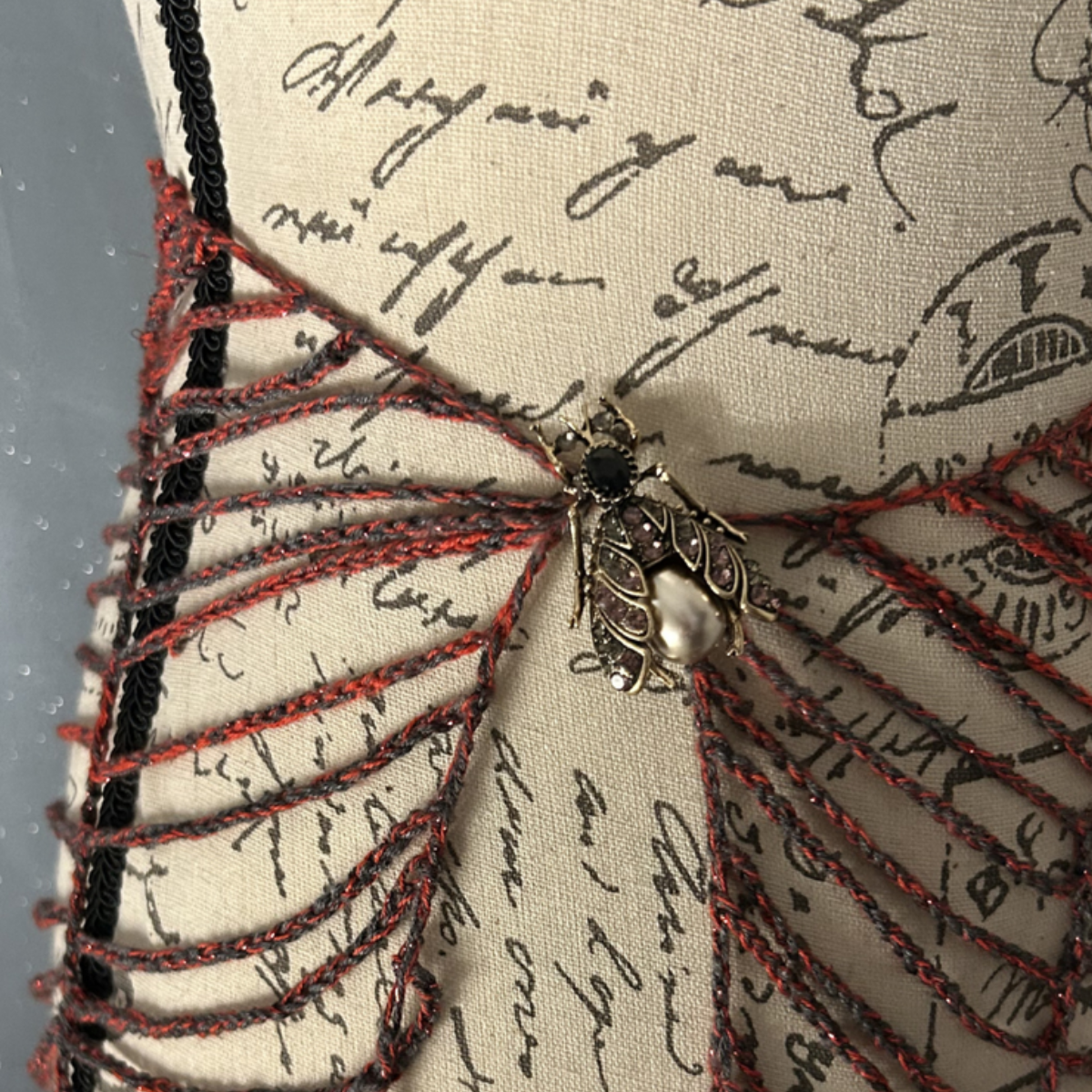 Handmade Crochet Gothic Spiderweb Shawl with Vintage-Inspired Fly Brooch