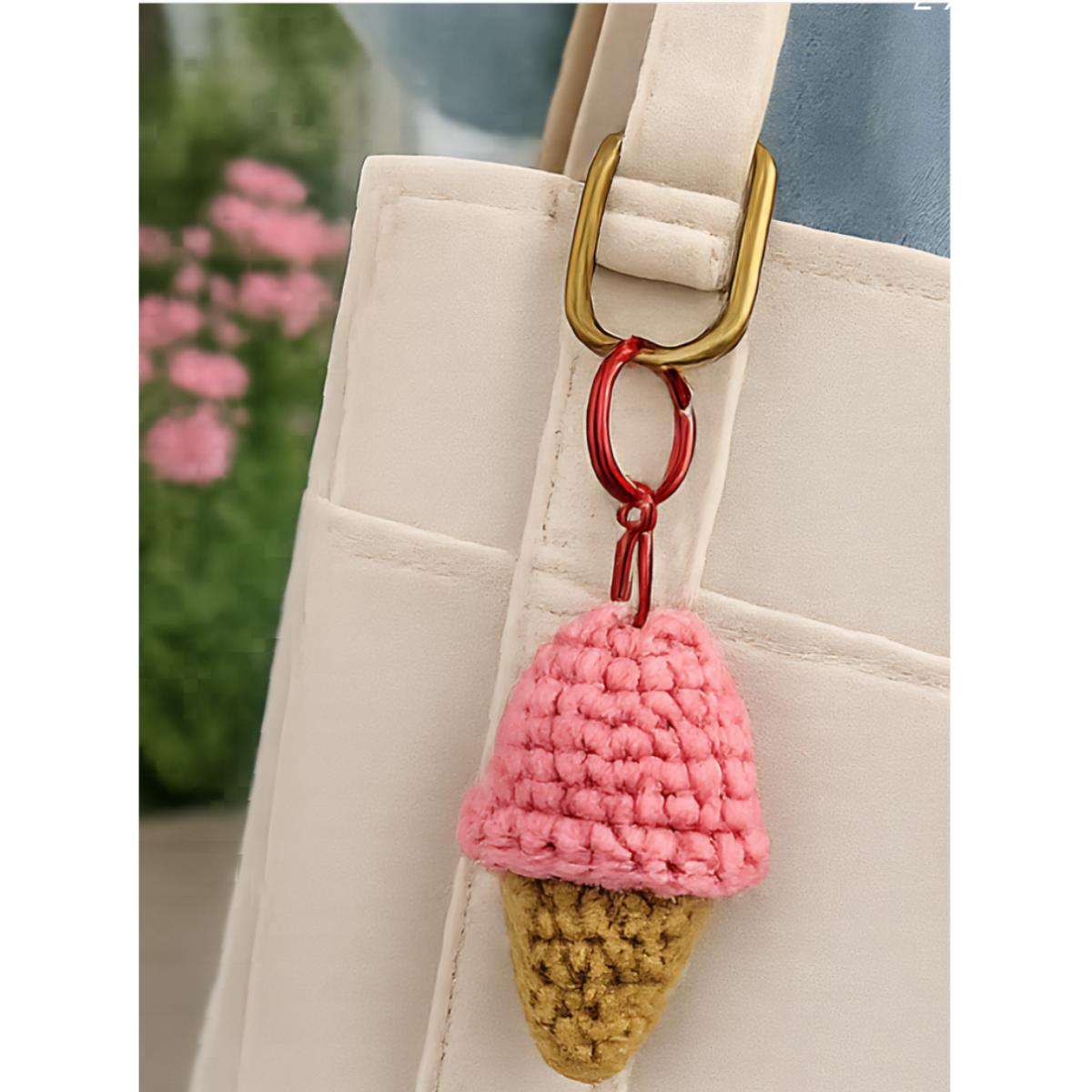 Handmade Crochet Pink Ice Cream Cone Keychain – Cute Dessert Bag Charm