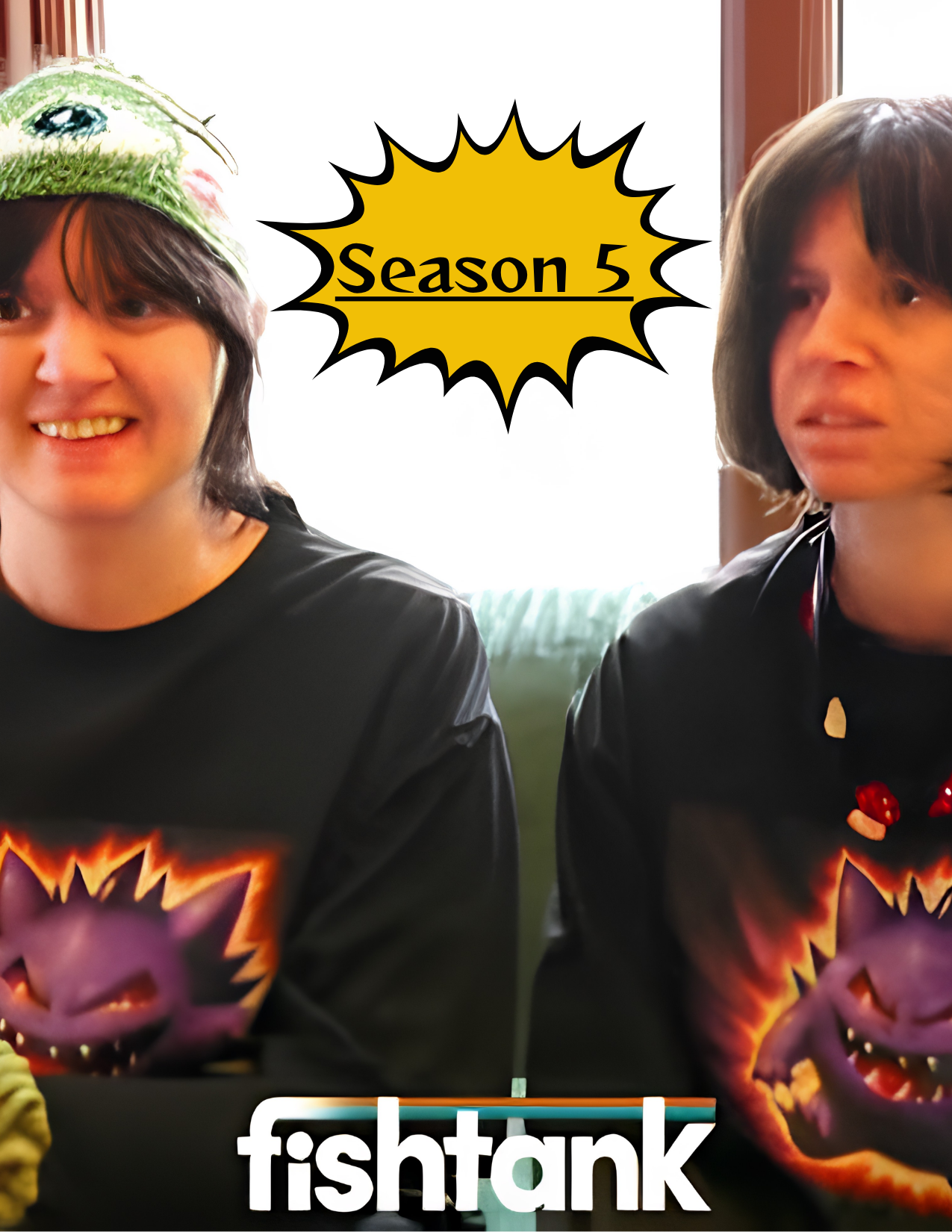 Two children dressed in Halloween costumes with pumpkin-themed designs on their shirts, sitting indoors with a window in the background. A yellow graphic with black outline reads 'Season 5' in the center, and the word 'fishtank' appears at the bottom of the image.