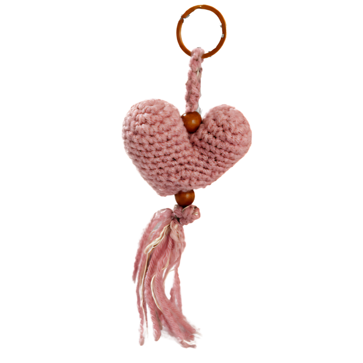 MOTTS Handmade Pink Crochet Heart Keychain with Wooden Beads and Tassel