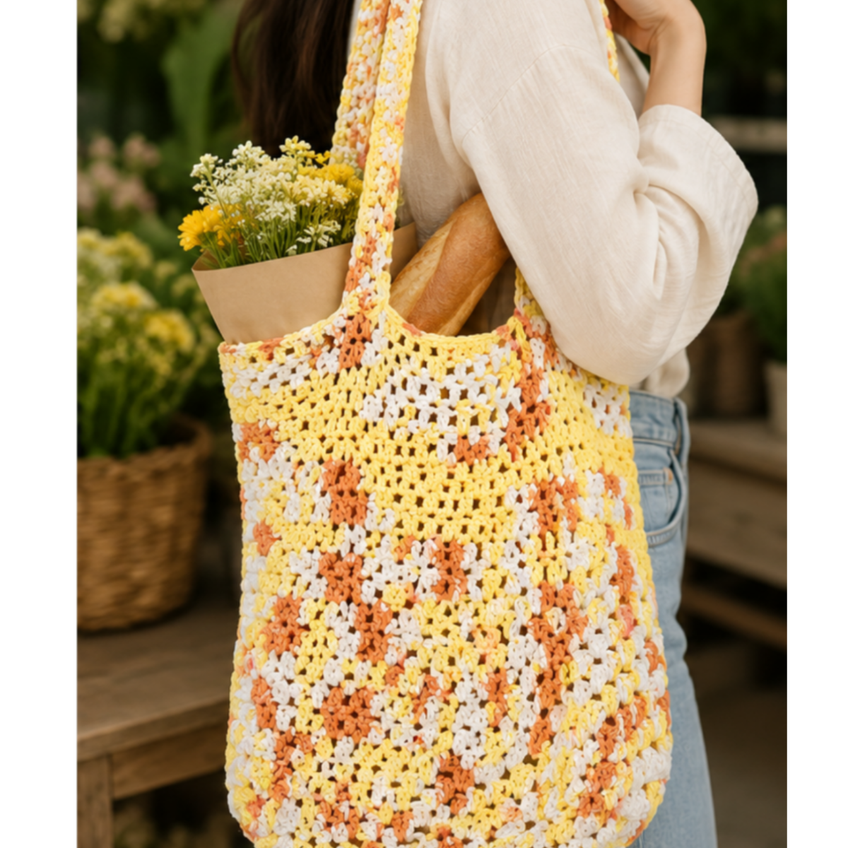 Sunlit Meadow Handmade  Large 100% Cotton Crochet Market Bag by MOTTS
